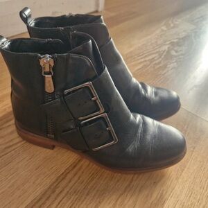 Clarks Dark Leather Ankle Boots with Double Buckles